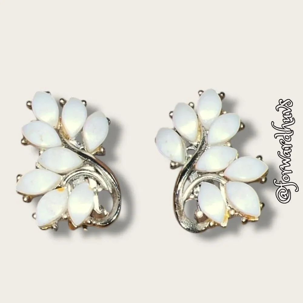 Mid-Century White Thermoset Lucite Leaf Earrings